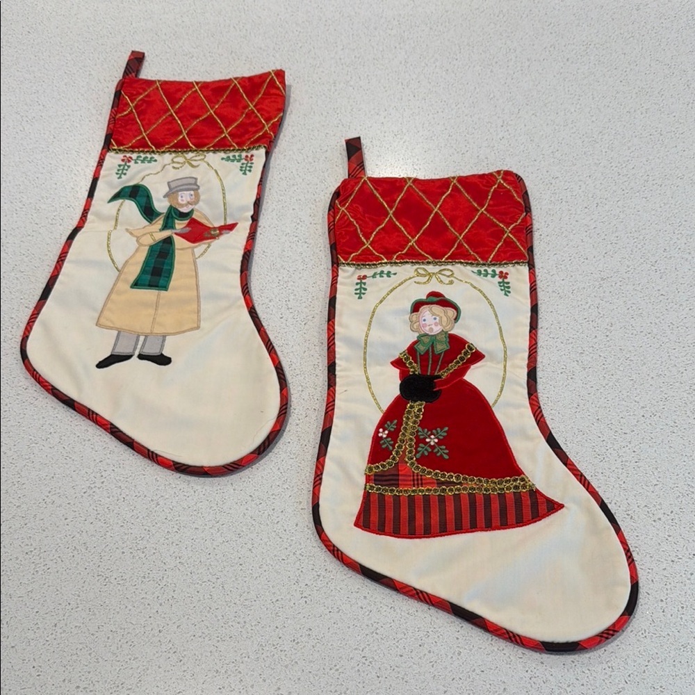 VTG 70s House of Hatten Christmas Stocking Set Applique Victorian choir Man Lady